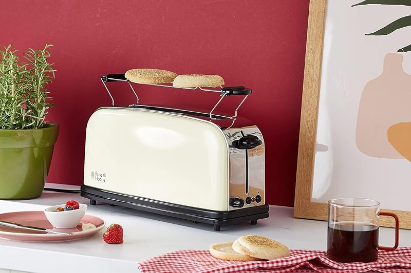 Grille Pain [Fente longue 2 Toasts/ 1 Tranche baguette] Colour+ Crème (extra large, 6 Niveaux de Brunissage rapide, Surélévation, Décongèle & Réchauffe, 1000W) Toaster 21395-56