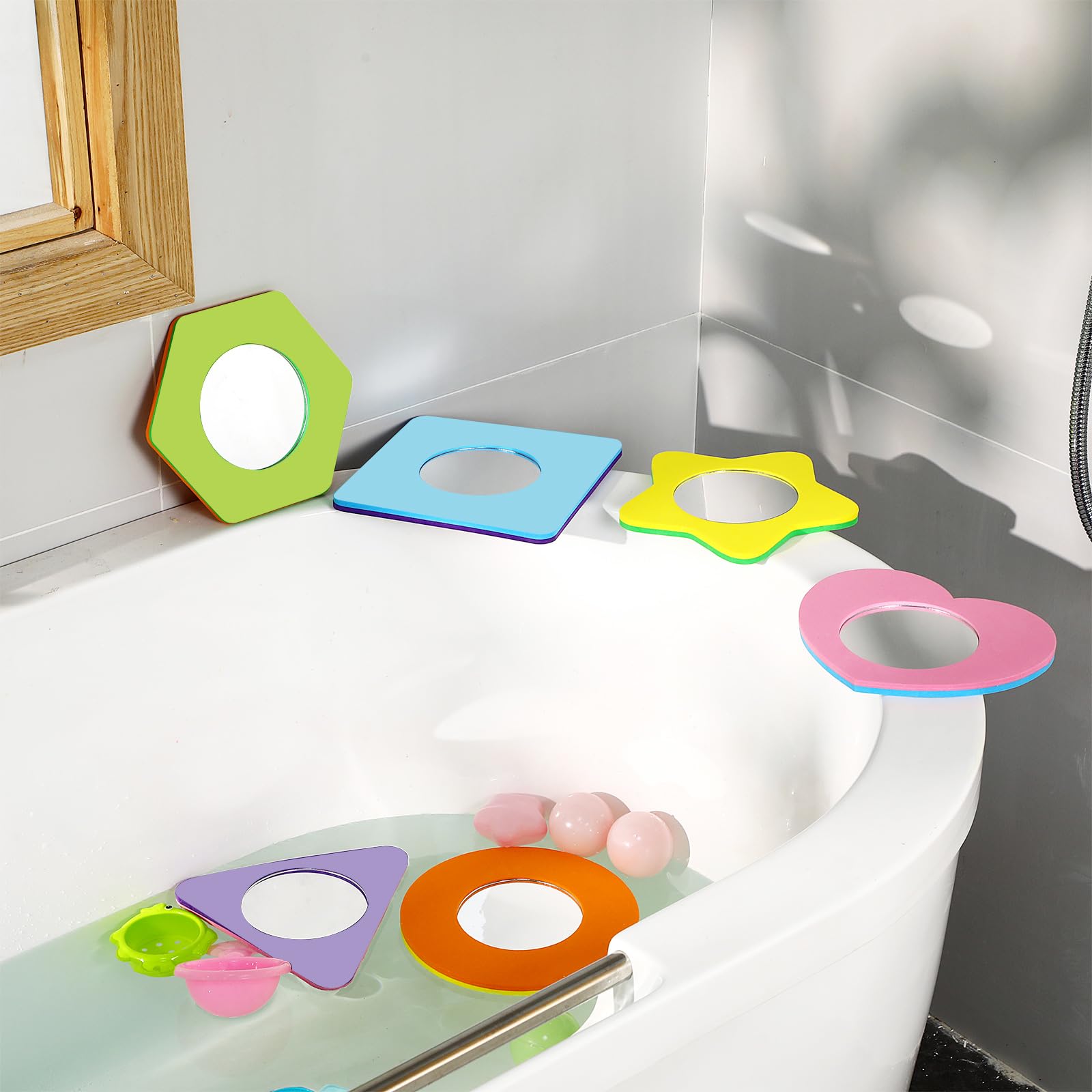 6 Pcs Baby Bath Mirror for Kids Foam Toys Toddler Stick on Wall Stick Removable Bathtub Mirror for Learning Cause Effect Reasoning Cognitive Skills Shower Play