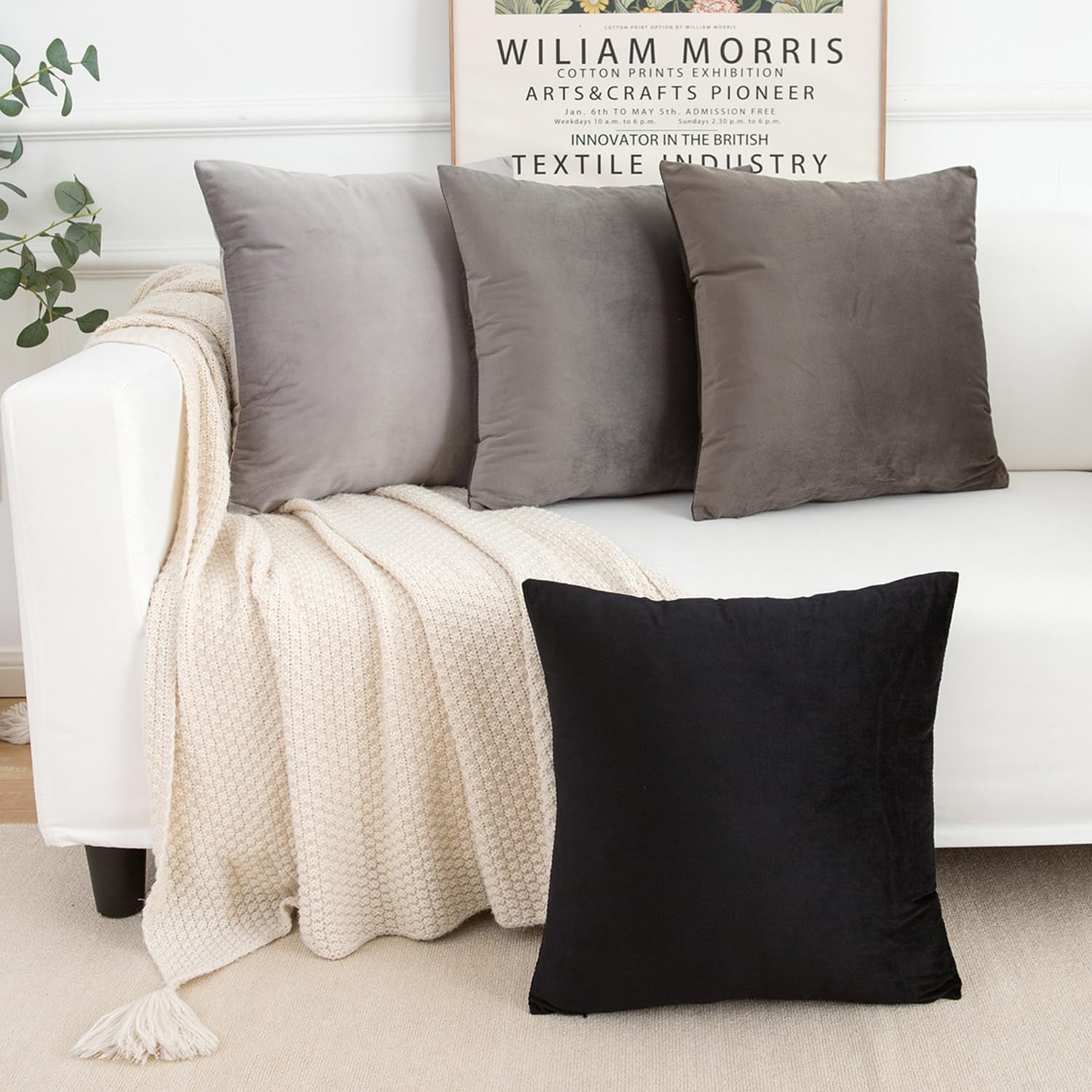 Yonous Gradient Colors Combo Set Cushion Covers, Premium Velvet Soft Square Decorative Throw Pillow for Sofa Bedroom Car, Set of 4, (18''x18'', Black-Light Grey) — image 1
