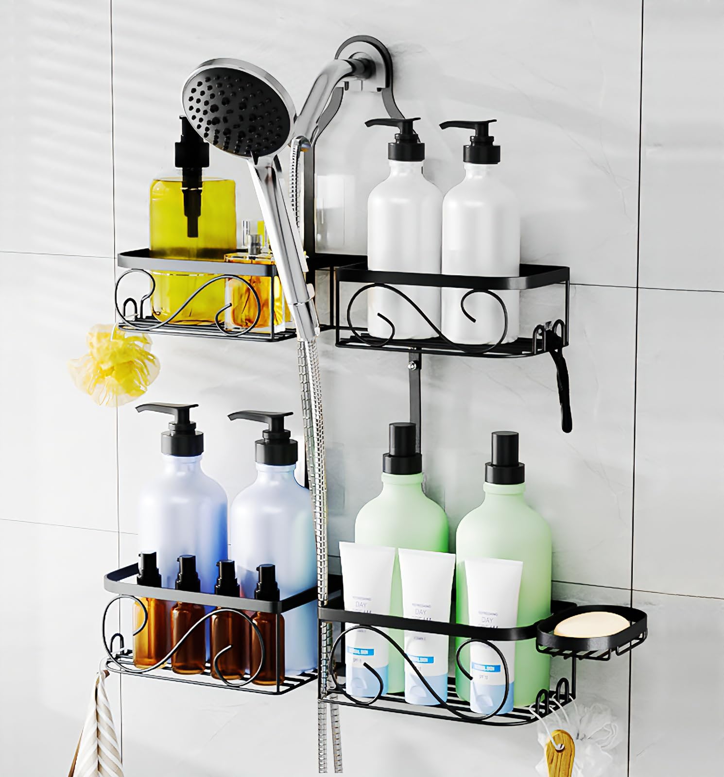 Photo 1 of Kadolina Shower Caddy Hanging for Handheld Showerheads, Rustproof Stainless Steel Shower Organizer, Large-Capacity Bathroom Organizer Rack with Soap Dish and Hooks for Razor/Sponge, Black