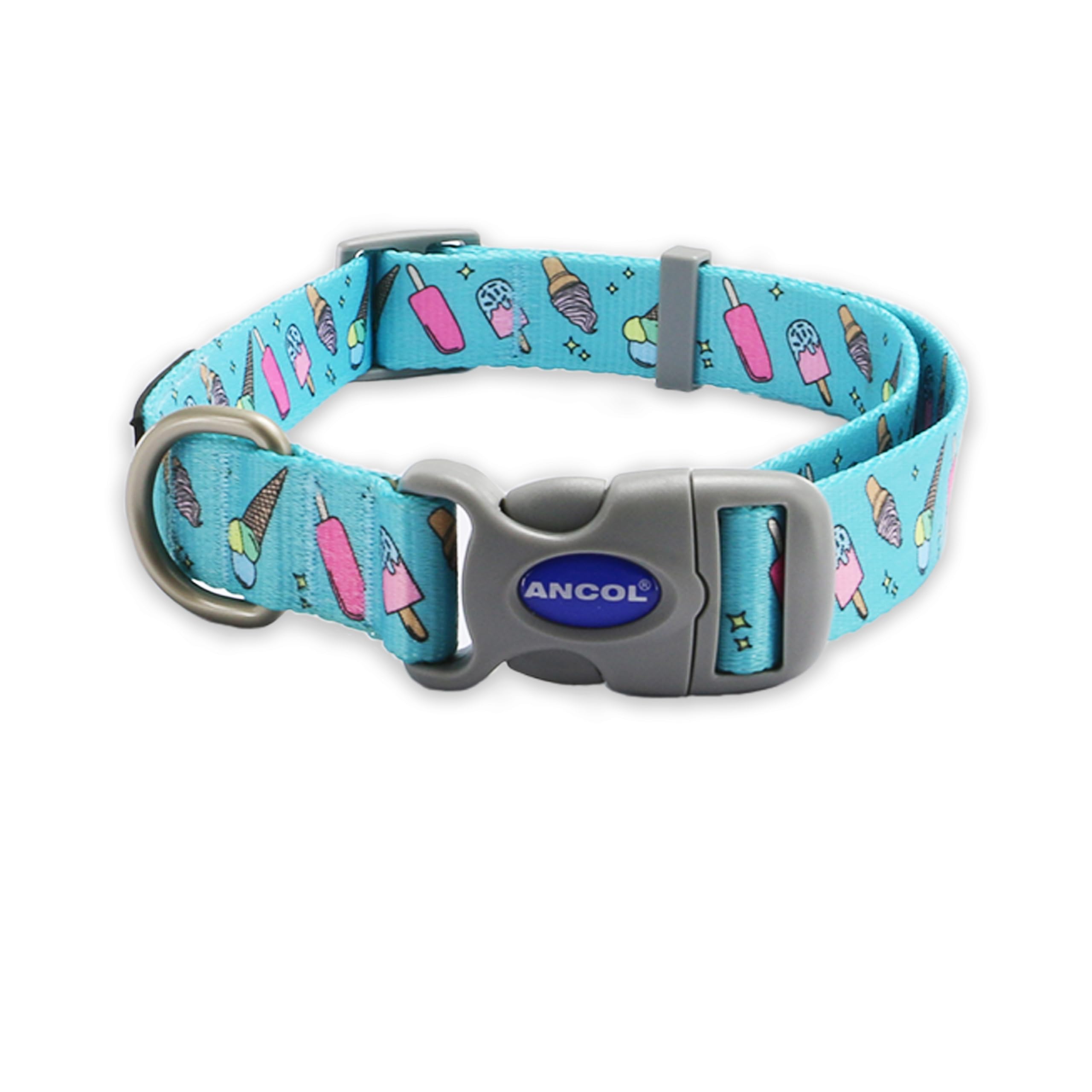 Ancol Soho Dog Collar Ice Cream Patterned - 100% Recycled Fabric Comfortable Pet Accessory - Sturdy Adjustable Buckle Puppy Neckband - Large