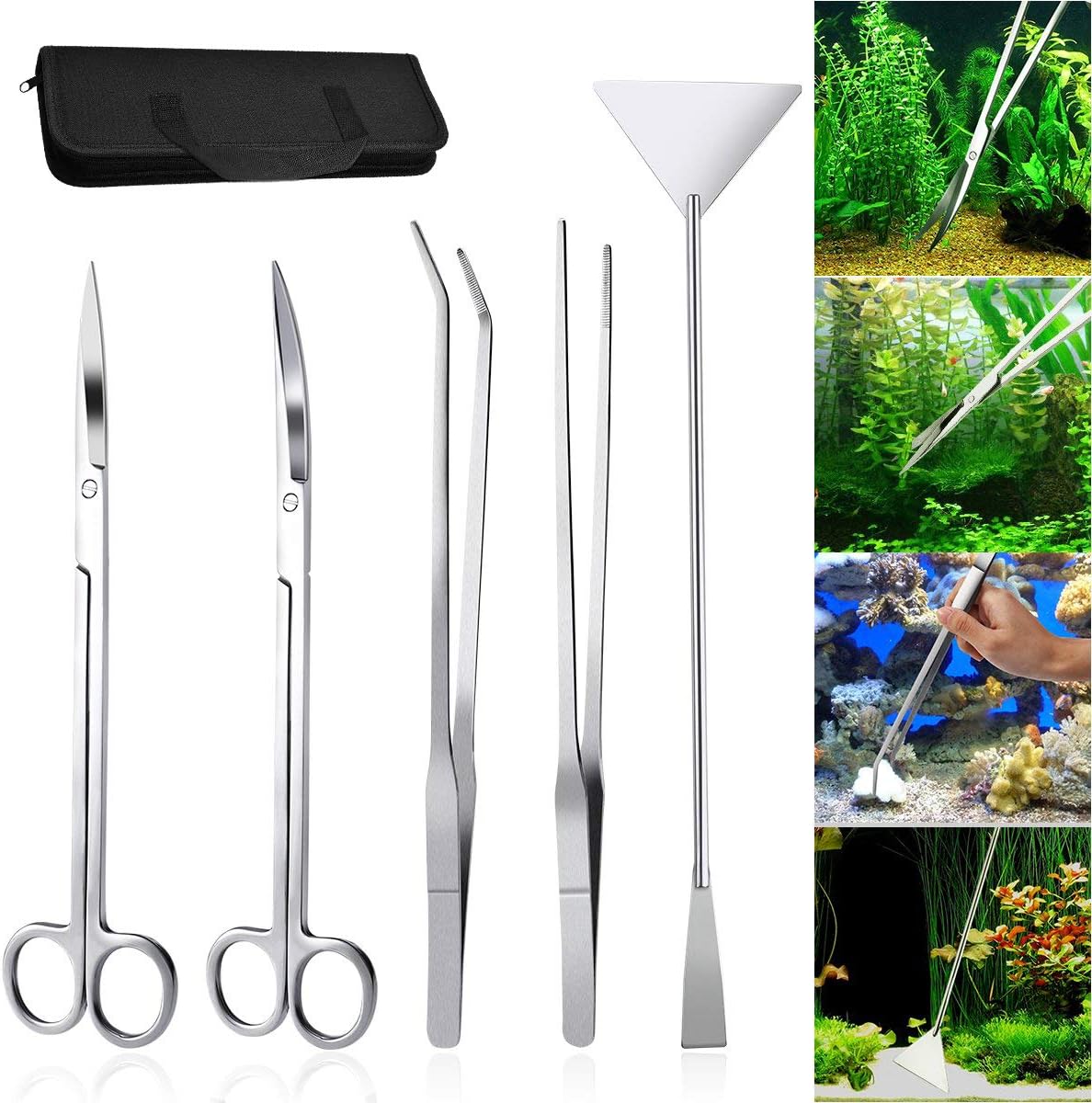 Aquarium Aquascaping Tools, 5 in 1 Stainless Steel Aquarium Tweezers Scissors Spatula Tool Set, Aquarium Maintenance Tools Aquatic Tools for Fish Tank Plants
