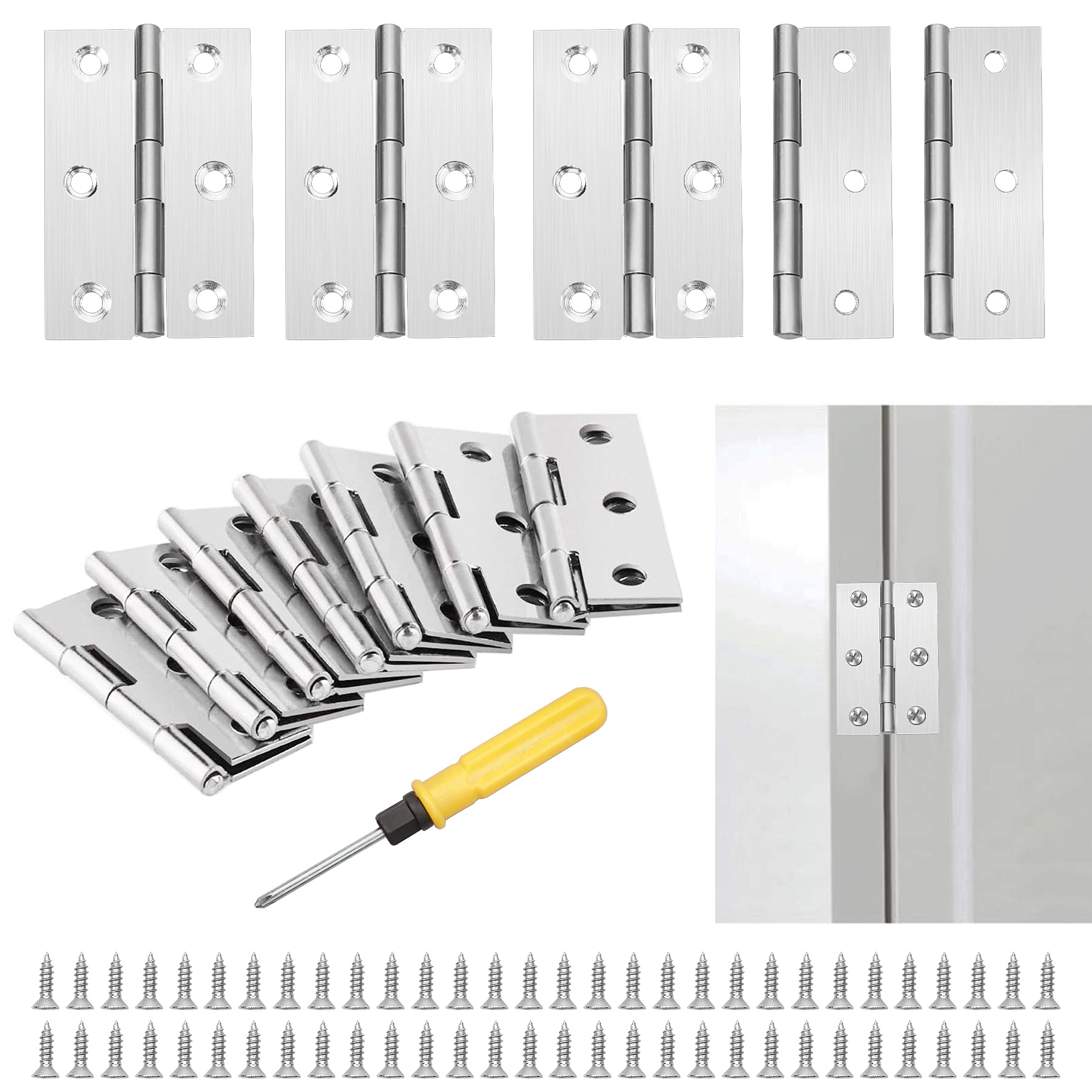 YSDMY 10pcs Timber Door Hinges (3Inch), 75mm Stainless Steel Folding Butt Hinges with 60 pcs Screws, Bonus with Screwdriver, Fire Door Hinges for Internal & External Doors