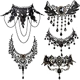 Faccubee 5 Pieces/Set Halloween Sexy Jewelry Women Lady Elegant Goth Gothic Steampunk Lace Choker Necklace Black Neck Chain Collar Statement with pendant Victorian Wedding Party Cosplay