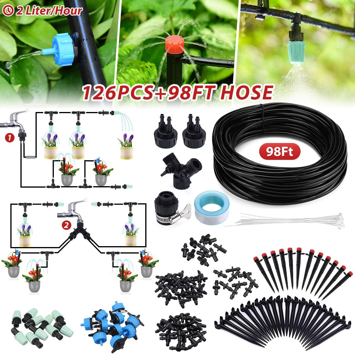 Jeteven 98Ft/30m Drip Irrigation Hydroponics Supplies System Drippers Kit Tubing Accessories DIY Saving Water Automatic Irrigation Equipment Set for Garden Greenhouse, Flower Bed, Patio, Lawn : Garden & Outdoor