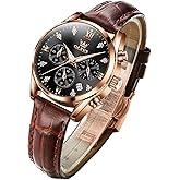 OLEVS Women's Watches Brown Leather Strap Analog Quartz Rose Gold Female Watches Multifunction Chronograph Diamond Waterproof Luminous Ladies