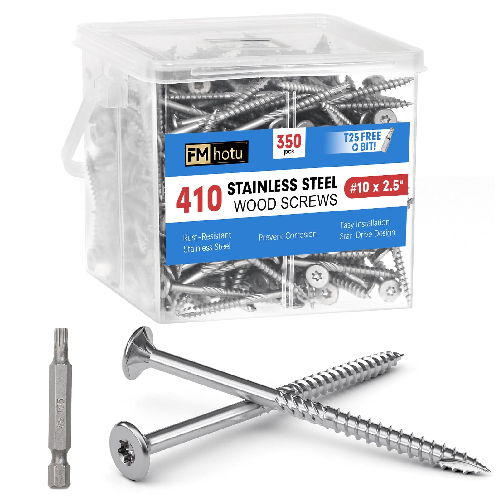 View 1 of #10 x 2.5 Inch 410 Stainless Steel Deck Screws, 350Pcs Wood Screws T25 Star Bit