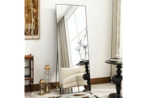 VooBang Mirror Full Length, 21" x 64" Floor Mirror with Stand, Aluminum Alloy Frame Full Body Mirror, Standing Hanging or Leaning Against Wall for Bedroom and Living Room, Black
