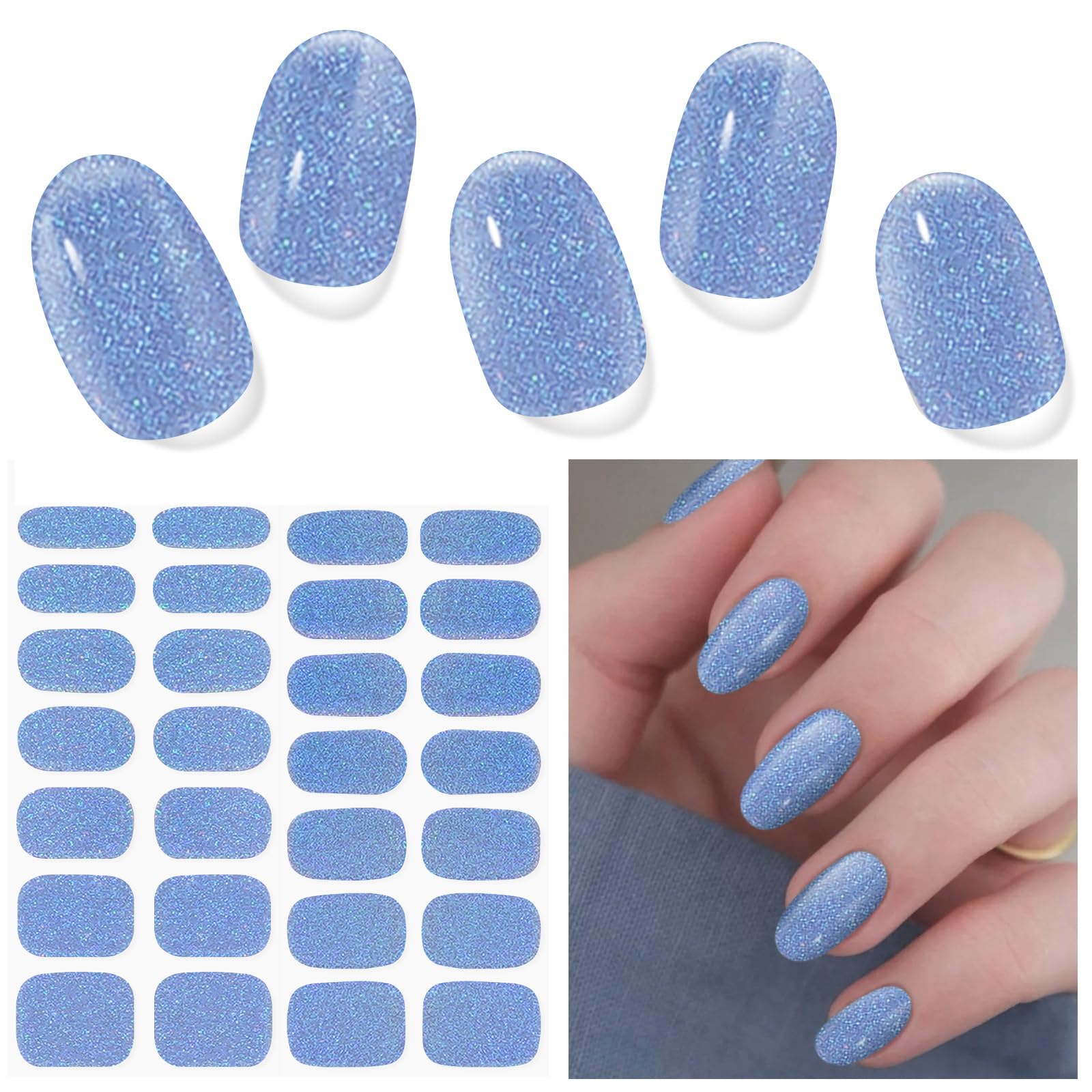 Photo 1 of DUKASOU Semi Cured Gel Nail Strips (Glitter Mermaid Blue), 28 pcs UV Gel Nail Stickers for Women Work with Any UV Lamps, Salon Quality Nails Wraps for Home DIY Nails Art