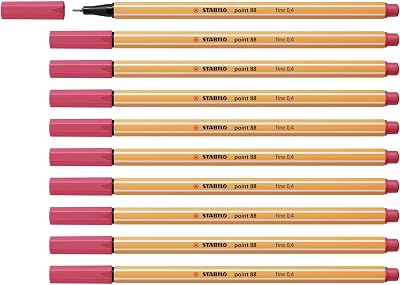Stabilo point 88 Fineliner Pack of 10 Strawberry Red 0.4 mm rugged metal tip
