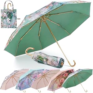 leznazik Manual Folding Floral Oil Painting Umbrella for Women - UV Protection Rain Sun Umbrella with Golden Hook Handle Ligh