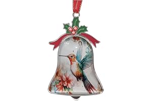 Gixpop Christmas Ornament Bell Pendant Decorative Metal Glass Hanging Christmas Bell Ornaments for Home Decoration Party Decor (Watercolor Hummingbird with Flowers)