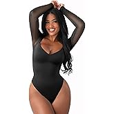 FeelinGirl Long Sleeve Bodysuit for Women Sexy Mesh V Neck Body Suits Thong Corset Top Going Out Outfits for Party
