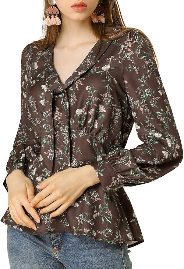 Allegra K Women's Ladies Floral Tops Long Sleeves V Neck Tie Front