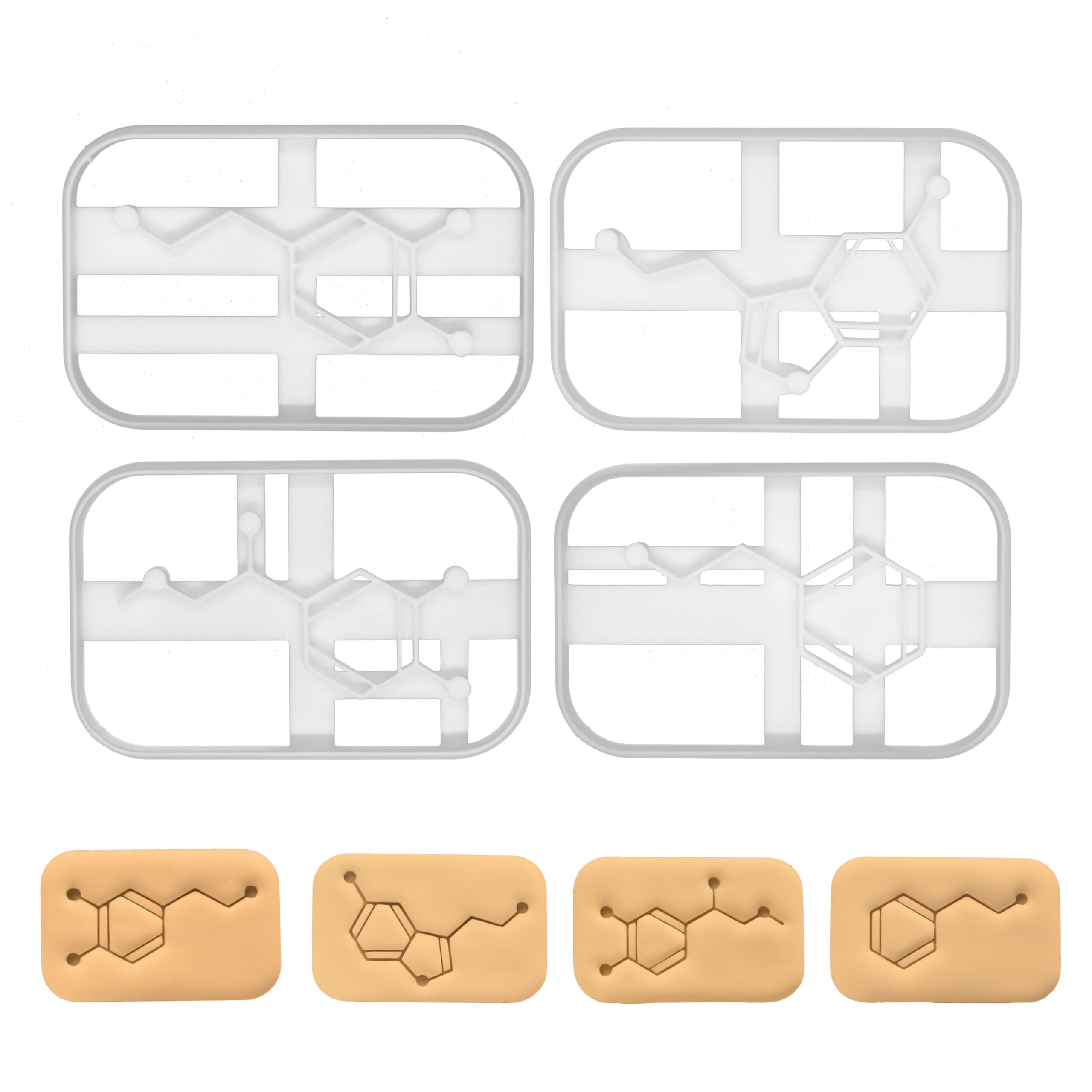 BAKERLOGY Set of 4 Molecules Cookie Cutters (Designs: Dopamine, Serotonin, Adrenaline and Phenylethylamine) - Detailed Biscuit Cutter Design for Baking and Crafts, Ideal on Fondant, Dough, Clay