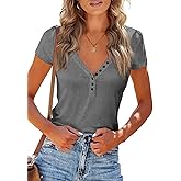 PRETTYGARDEN Women's Summer Casual Henley T-Shirts Short Sleeve V Neck Button Up Ribbed Knit Slim Fit Basic Tops