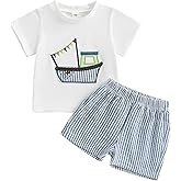 Bagilaanoe 2PCS Summer Outfit Toddler Baby Boy Sailboat/Helicopter/Fish Short Sleeve T-Shirt Plaid Shorts Set