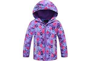 Toddler Boys Girls Waterproof Rain Jacket Flower Graphic Fleece Lined Hooded Raincoats Kids Windbreaker Lightweight