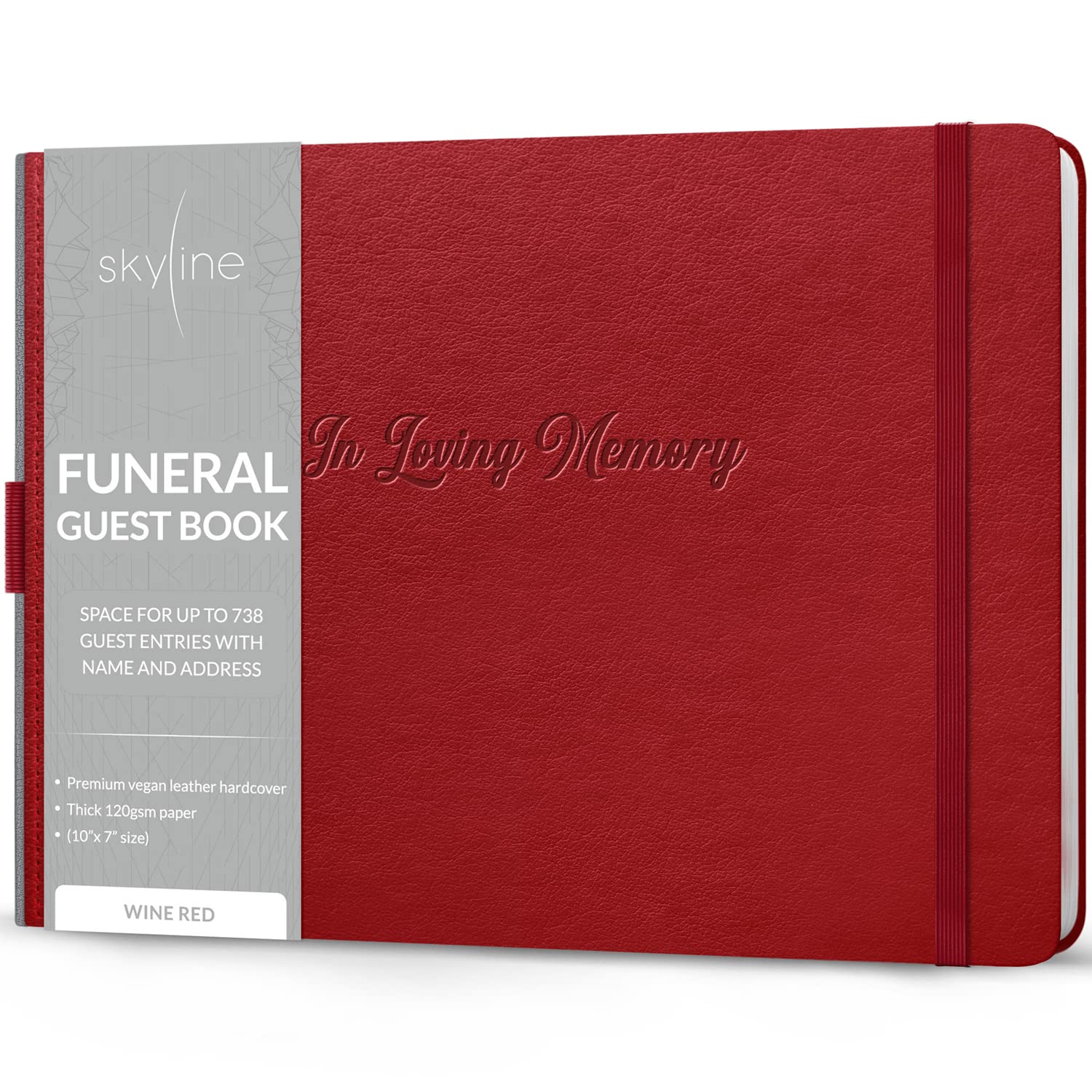 Skyline Funeral Guest Book for Memorial & Funeral Services – In Loving Memory Guest Sign In Book for Funerals – 738 Guest Entries with Name & Address, 129 Pages, Hardcover, 25x18cm (Red)