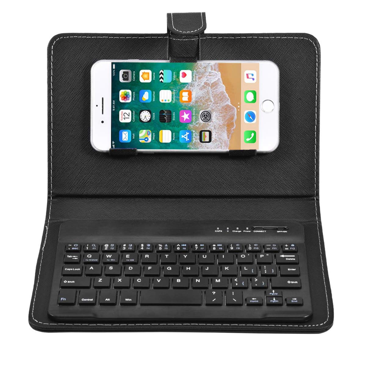Photo 1 of ELIATER Portable Bluetooth Keyboard with Leather Case Cover with for 4.5''-6.8'' iOS, Android and Windows Smart Phones, Detachable with Kickstand