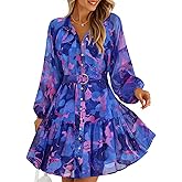 ZESICA Womens Spring Summer Floral Mini Dress Long Sleeve Button Chiffon A Line Swing Short Wedding Guest Party Dresses