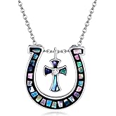 JERWLI Horseshoe Necklace S925 Sterling Silver Horse Shoe Necklaces Abalone Horseshoe Cross Pendant Necklaces Lucky Horseshoe Horse Jewelry Gifts For Women Female Lover