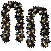 Joyhalo 2 Pack Halloween Garland with Lights, Black Maple Leaves Lighted Garland for Mantle, 5.7FT Light Up Leaf Autumn Vines Outdoor for Door Frame, Fireplace and Thanksgiving Fall Decor