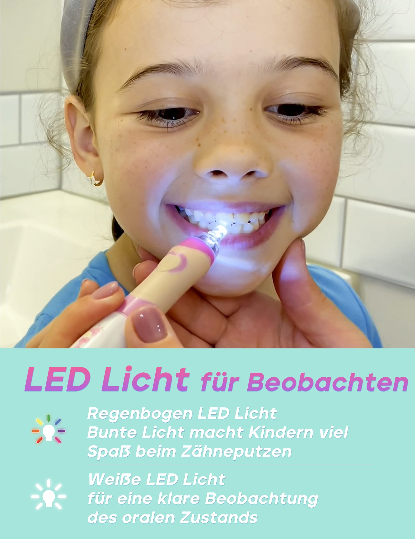 Seago Elektrische Zahnbürste Kinder ab 2, Kinderzahnbürsten mit 4 Extra Weiche Bürstenköpfe und LED Licht, 4 Modi 24000VPM Smart Timer Schallzahnbürste für Kleinkind Mädchen Jungen SG977(Grün) 6