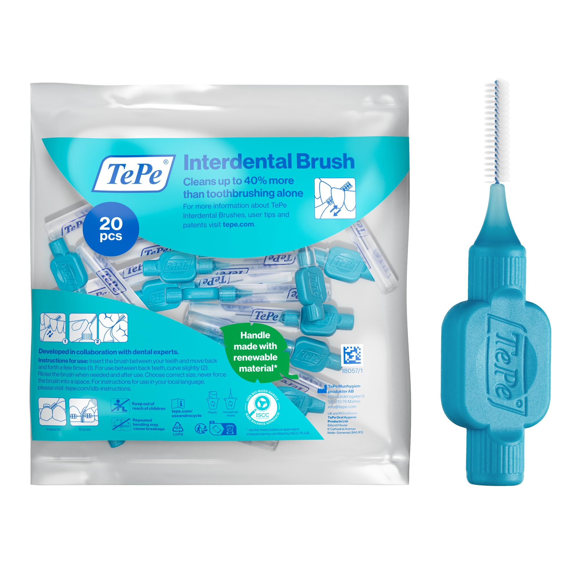 TePe Interdental Brush, Original, Blue, 0.6mm/ISO 3, 20pcs, Plaque Removal, efficient Clean Between The Teeth, Tooth Floss, for Small Gaps