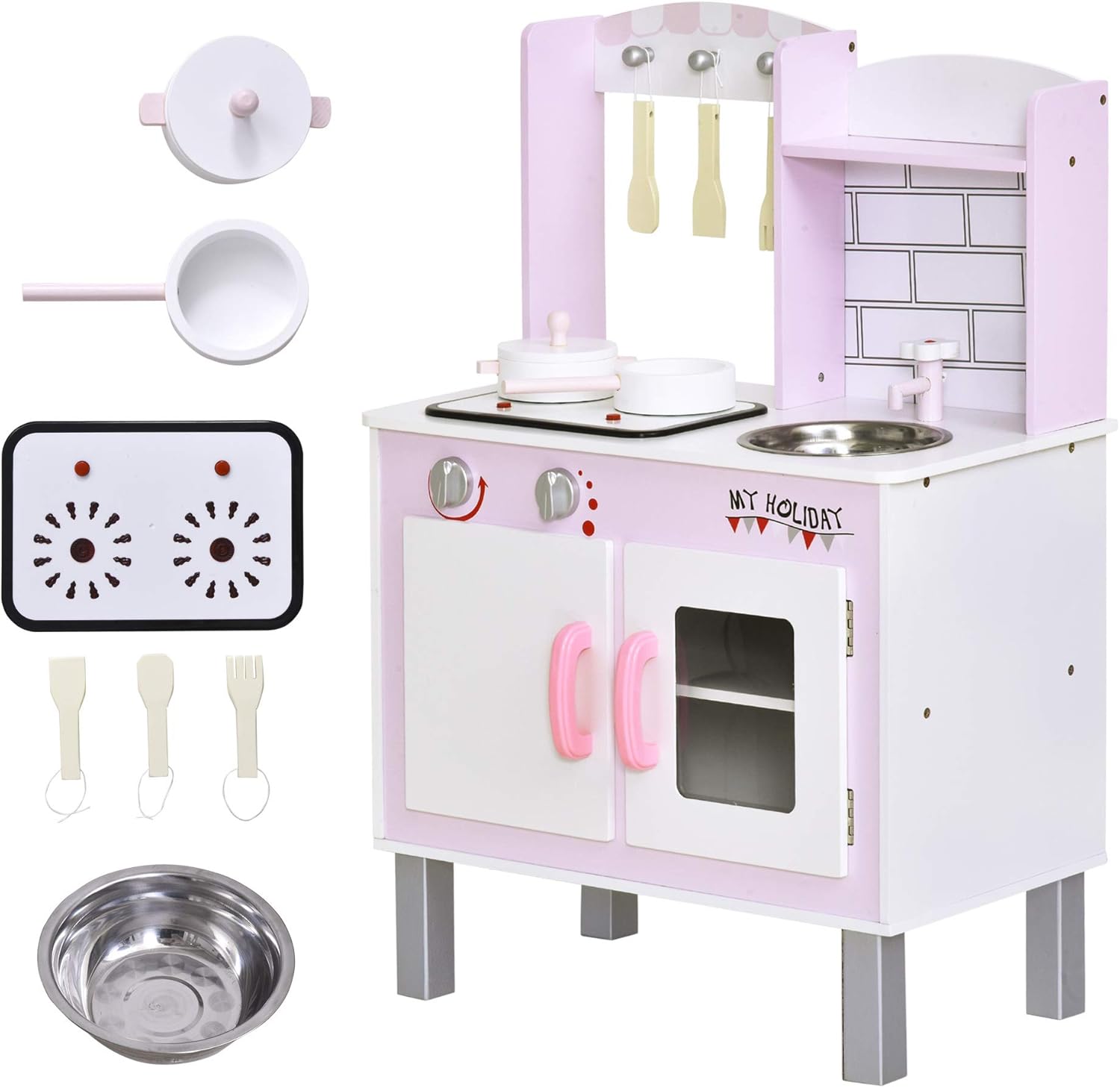 Kids Kitchen Play Set Wooden Pretend Play Toy w/ Sounds Utensils