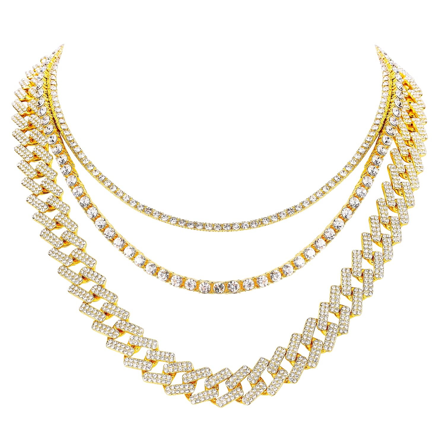 HH BLING EMPIRE Gold Silver Chain Necklace for Men Women Iced Out Diamond Tennis and Cuban Link Chain Necklaces Hip Hop Jewelry Sets 3Pc 18/20/24 Inch