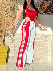 Angsuttc Womens Jeans with Patchwork Stripes High
