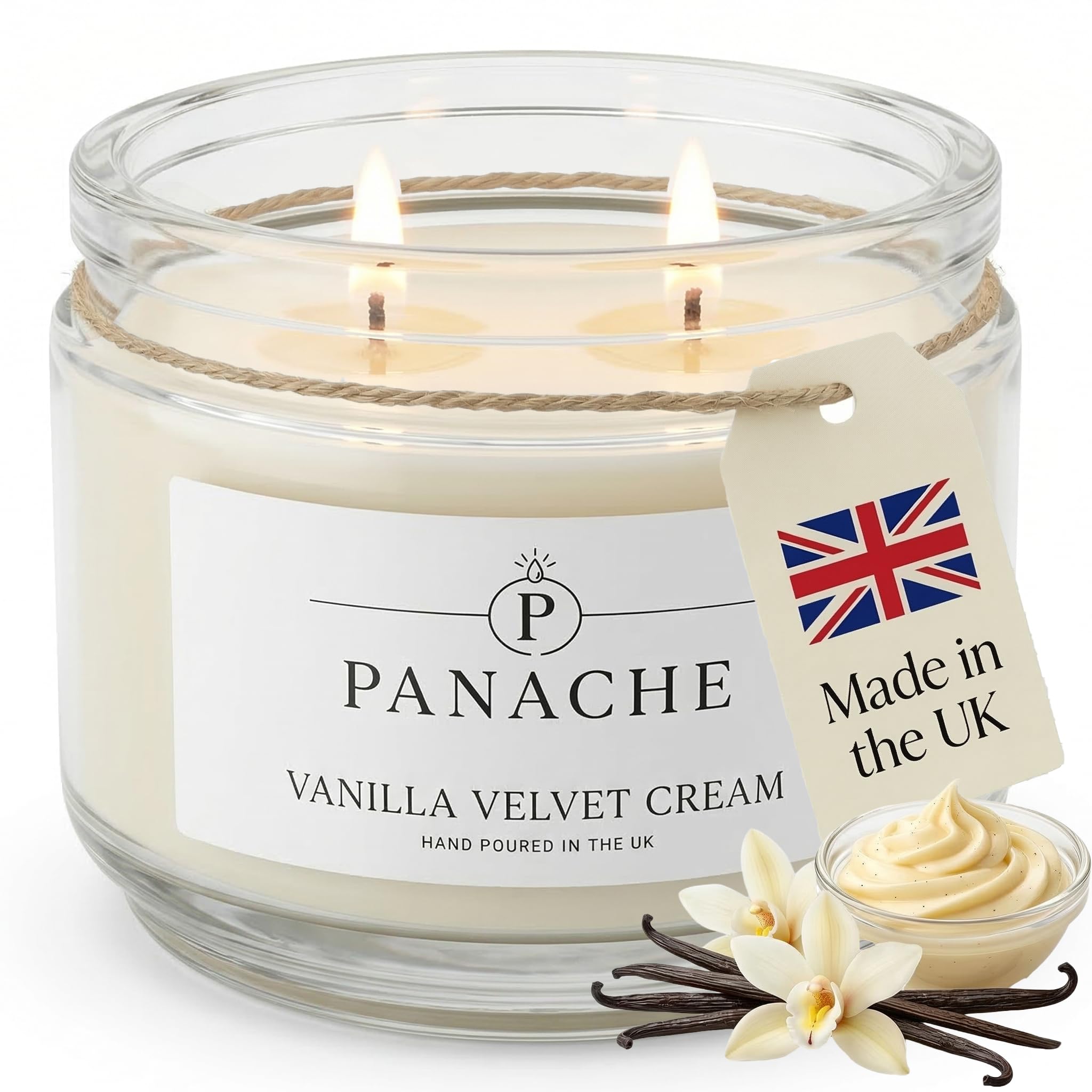 Panache Vanilla Velvet Cream Scented Candle – Double Wick Soy Wax Candle, 48 Hour Burn Time, Hand Poured in UK, Clean Burning Cotton Wicks, Luxury Glass Jar Candle for Home Fragrance & Gifts (320g)