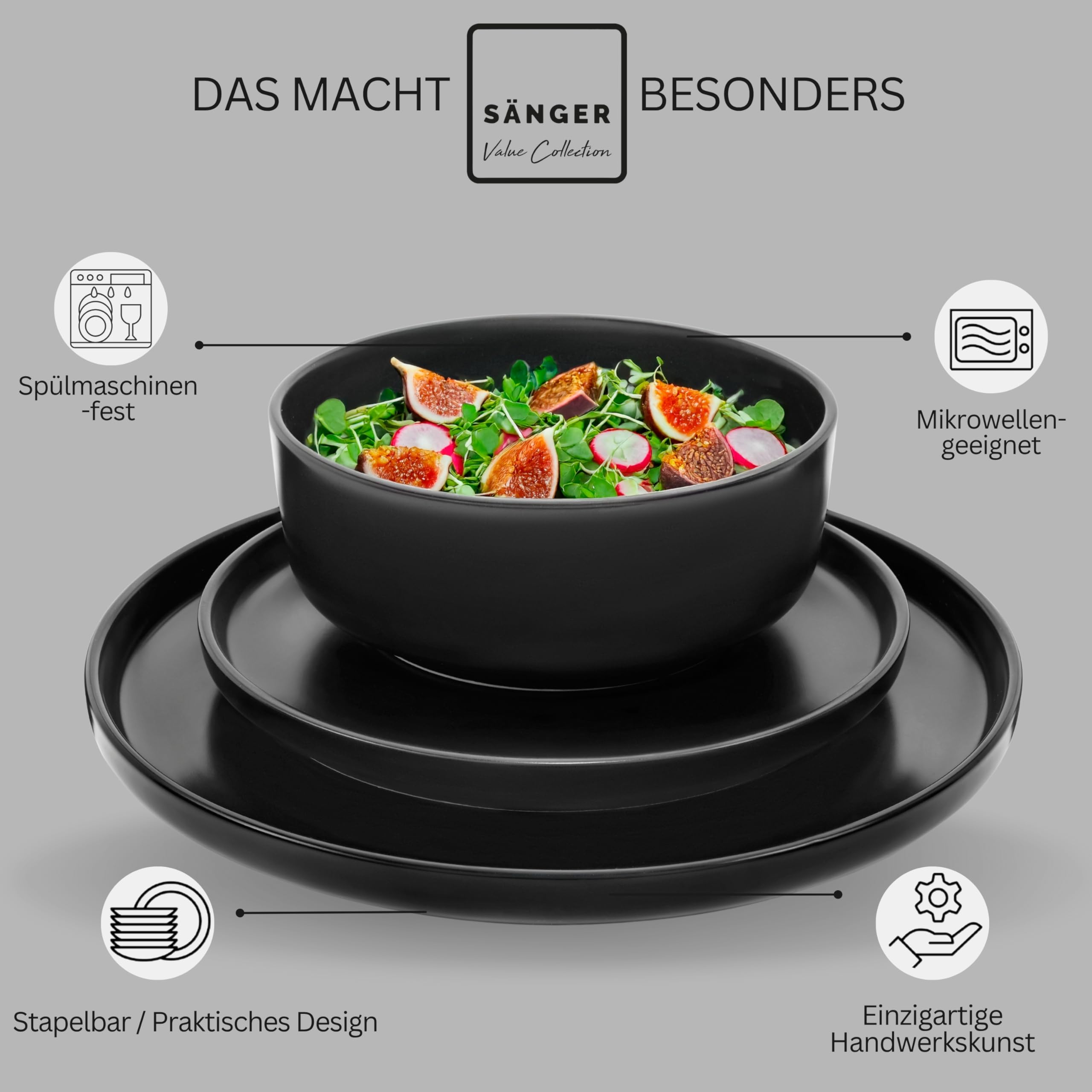 SÄNGER Madeira | Steingut Geschirr Set 18 tlg, Teller Set 6 Personen, Geschirrset 6x Speiseteller 6x Müslischalen 6x Dessertteller, Tafelservice schwarz kratzfest, Essgeschirr matt | VALUE COLLECTION 3