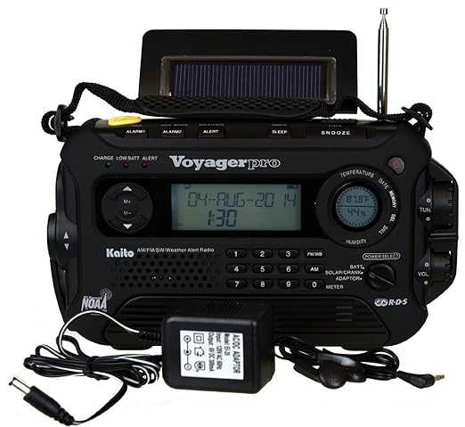 Kaito Voyager Pro KA600 Digital Solar Dynamo Wind Up Dynamo Cranking AM/FM/LW/SW & NOAA Weather Emergency Radio with Flashlight Reading Lamp Alert Smart Phone Charger & RDS and Real-Time Alert with AC Adapter Black