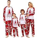 ANGELGGH Christmas Pajamas for Family Matching Pjs Set, Red Plaid Reindeer Holiday Xmas Pajamas for Women Men Kids