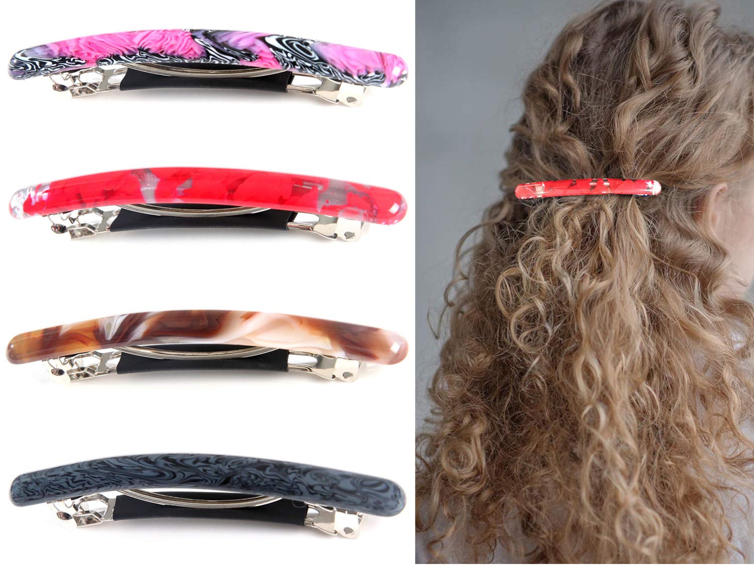 4 Pcs Skinny Hair Barrettes for Women, Colorful Small Barrette Clips for Thin Fine Hair, Celluloid Automatic French Hair Clips for Women Ladies : Beauty