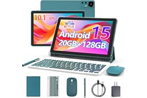 CUPEISI Android 15 Tablet 10 Inch, 20GB RAM+128GB ROM/ 2TB Expandable, 2.0GHz Quad-core Processor, 1280*800 HD Screen, 5G WiFi6 BT 5.0, 2 in 1 Tablets with Keyboard Case Mouse Stylus, Widevine L1 Blue