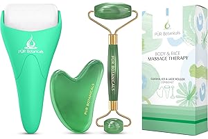 PUR Botanicals - Ice Jade Roller for Face & Eye Puffiness Relief - Therapeutic frozen Facial Massager for Beauty - Homemade Cold depuff Face Roller for Women - Reduce wrinkles and lifting - 3 in 1 Set