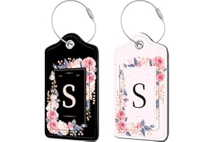 ANIKATHY 2 Pcs PU Leather Luggage Tag for Suitcases with Privacy Shield and Name ID Tag Address Card Travel Cruise Luggage Tag, Suitable for Men and Women Baggage Handbag Backpack,Flower and Monogram(Letter S