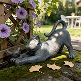 Cat Garden Statues Outdoor Cat-Figurines - Home Garden Decor 16 x 6 x 9.5 inch Resin Cats &amp; Bird Playing Sculpture Statue for Farmhouse Outside Backyard Lawn Gift for Kitten Lovers Newman House Studio