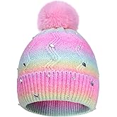 KDVOG Kids Winter Knit Hat with Pompom - Sparkly Sequin & Pearl Rhinestone Beanie, Warm Ski Cap for Boys & Girls Ages 3-14