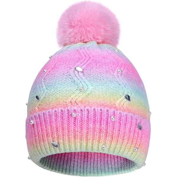 Kids Winter Knit Hat With Pompom - Sparkly Sequin & Pearl Rhinestone Beanie For Boys & Girls Ages 3-14
