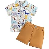 Tsnbre Toddler Baby Boy Clothes Shorts Set Dinosaur Print Shirt Short Sleeve Button Down Top Solid Shorts Summer Outfit