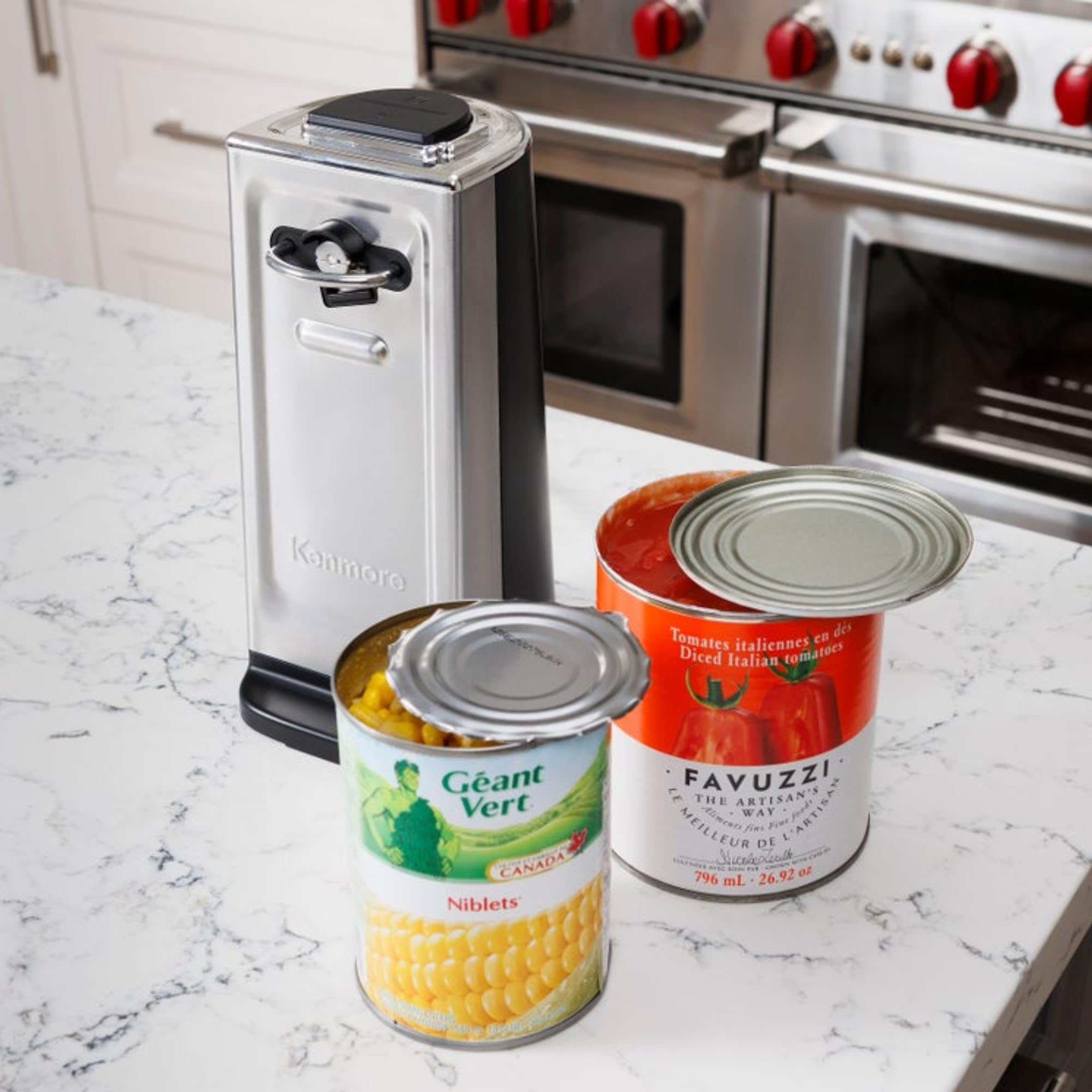 Kenmore Smooth Edge Electric Can Opener - Arthritis-Friendly, One Touch Side Cut Blade, Prevents Sharp Edges, Automatic Countertop appliance Stainless Steel detachable cutting lever