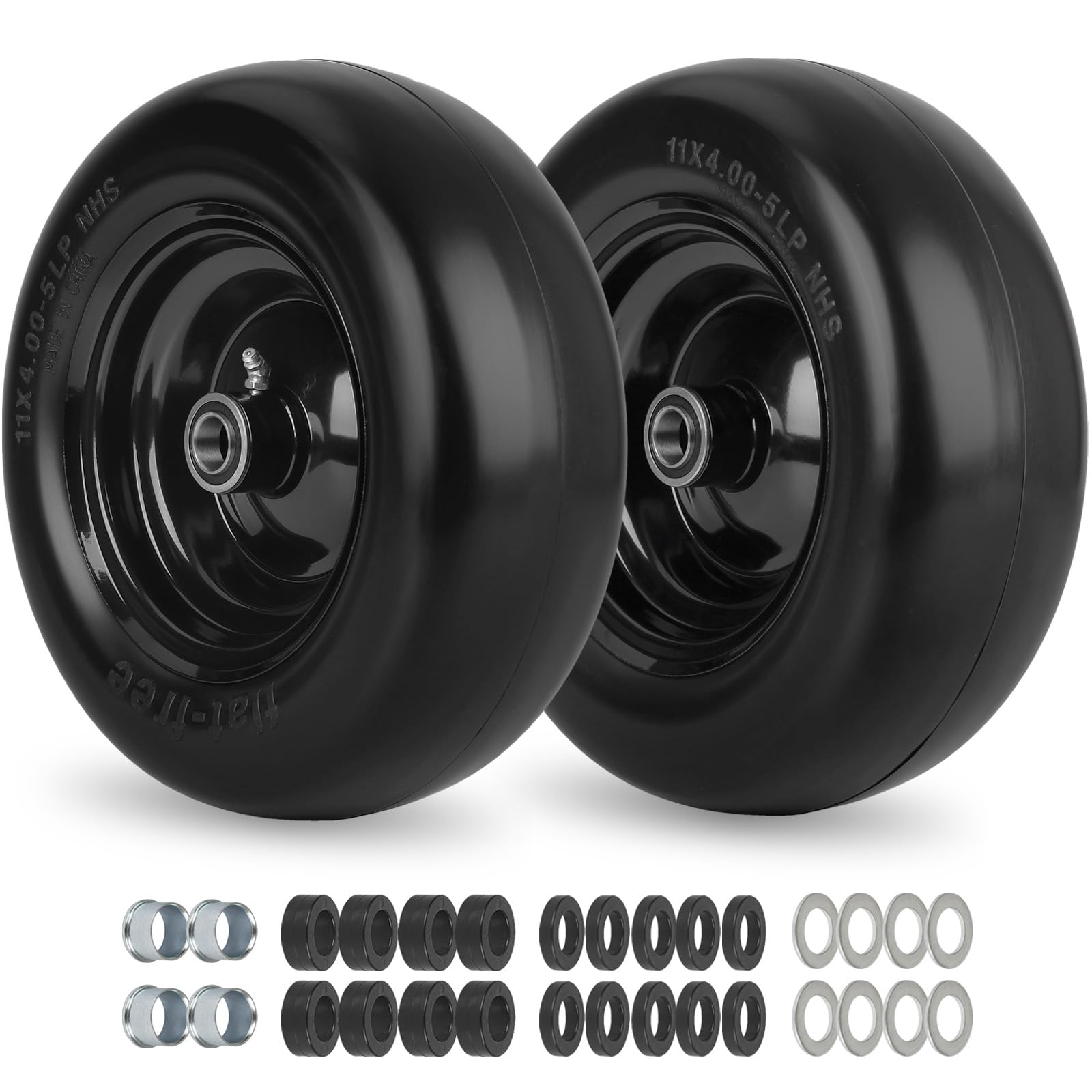 Photo 1 of 11x4.00-5” Flat Free Lawn Mower Tire and Wheel with Bearing Bore 3/4" or 5/8", 3.4"-4"-4.5"-5" Centered Hub, Smooth Tread Tire for Zero Turn Mowers, 2 Pack