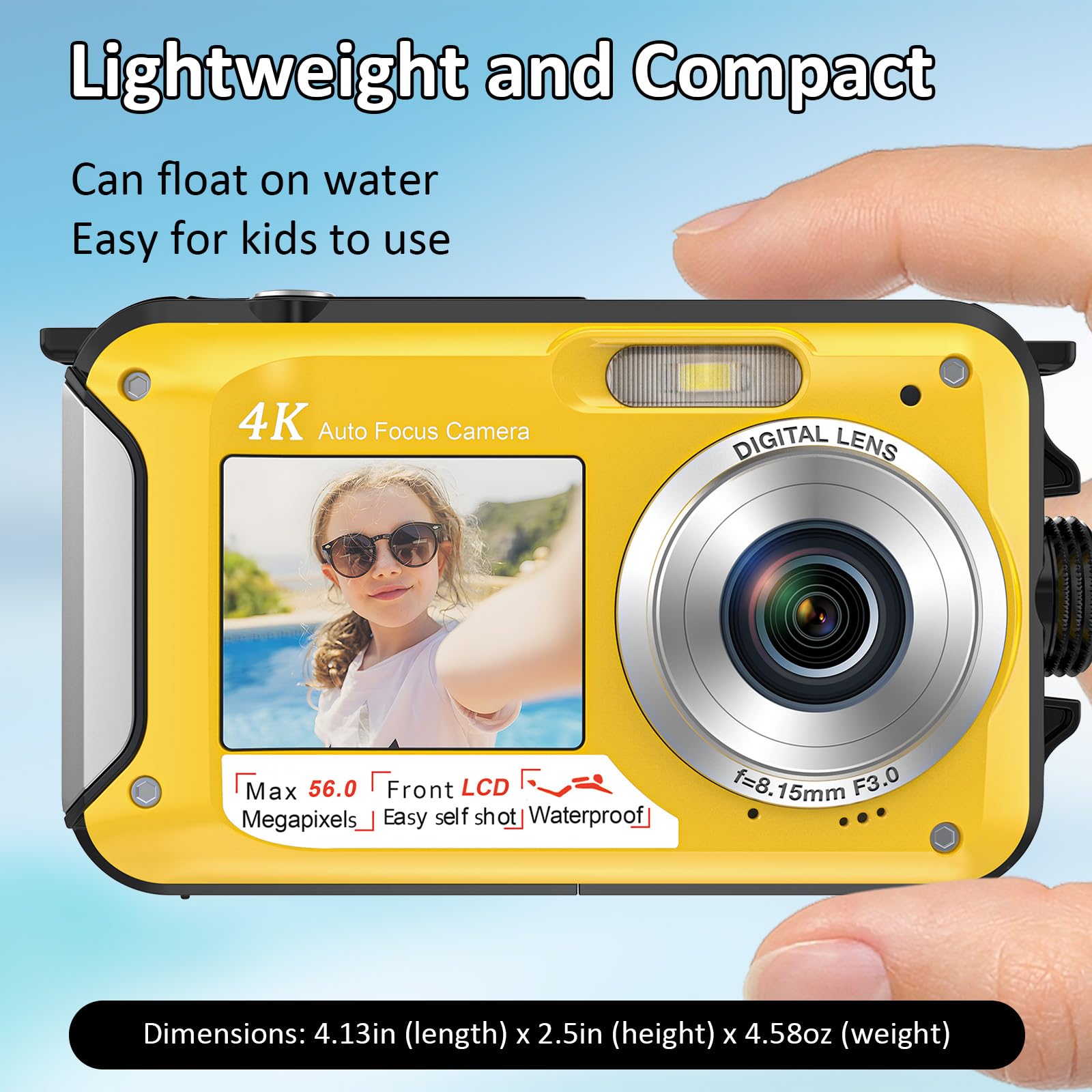 4K Digital Camera 11FT Underwater Camera with 32GB Card 56MP Autofocus Dual-Screen Selfie Waterproof Camera for Snorkeling Compact Floatable Point and Shoot Digital Camera 1250mAh Battery