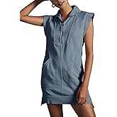 Qiaomai Womens Half Zip Sweatshirt Dresses Summer V Neck Sleeveless Pullover Tunic Tops Mini Dress