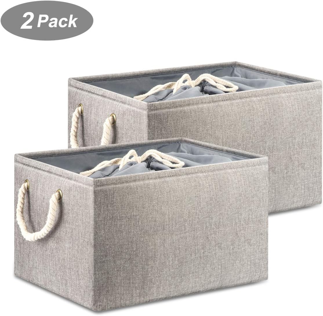SunGlobal Foldable Linen Storage Bins, 2Pack 15.7"x11.8"x9.8" Collapsible Rectangular Storage Baskets Foldable Shelf Storage Box Dust Proof Cover Rope Handles for Towels Toys Clothes
