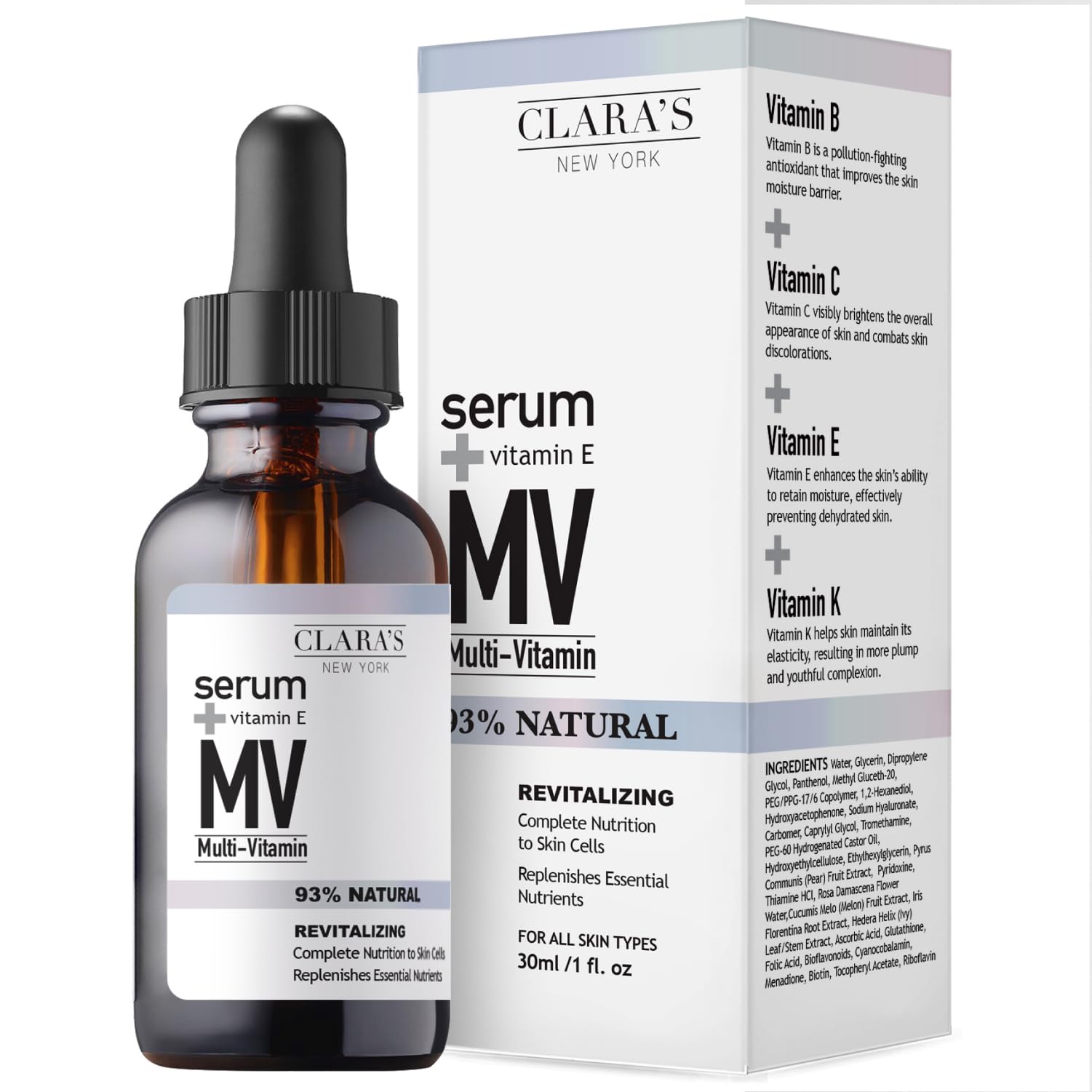 Clara's New York Revitalizing Multi-Vitamin Facial Serum, Replenishes Essential Nutrients and Vitamins, Refreshed and Brightened Complexion, Suitable For All Skin Types 30ml
